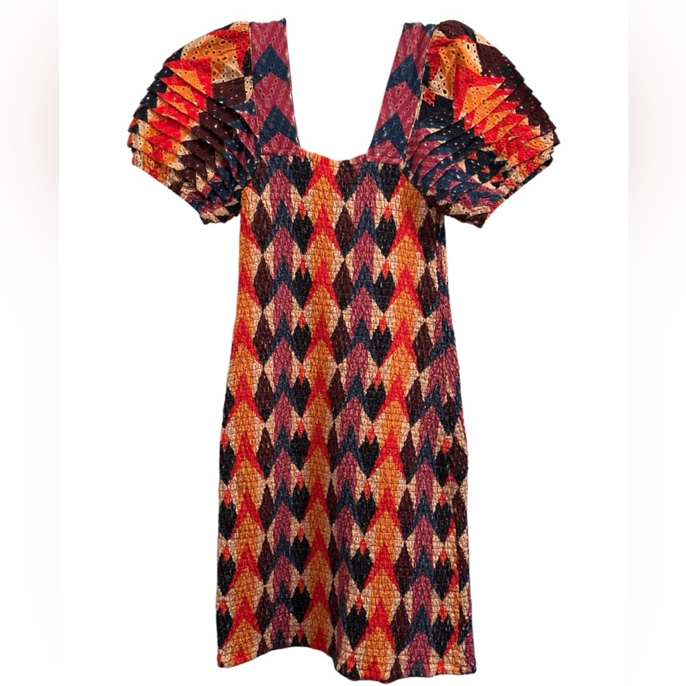 FARM Rio Lindeza Grafica Mini Dress XS | Puff Sleeve Square Neck Boho Print - Picture 2 of 9